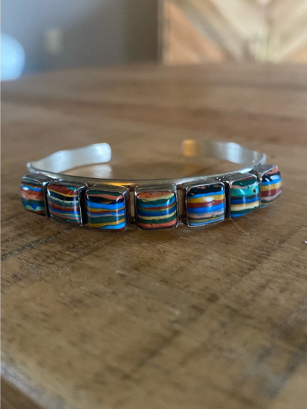 Jay King Mine Finds Rainbow Calsilica Squares & Sterling Silver Cuff Bracelet